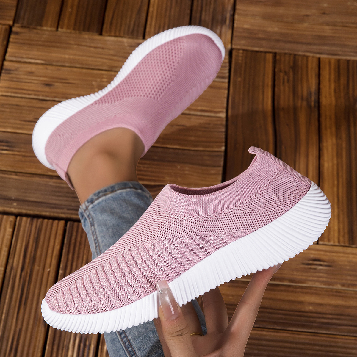TEMU Women's Breathable Knit Slip-on Sneakers - Lightweight Eva Sole, With White Striped Design, Low-top Casual Shoes For Casual Attire, Ladies