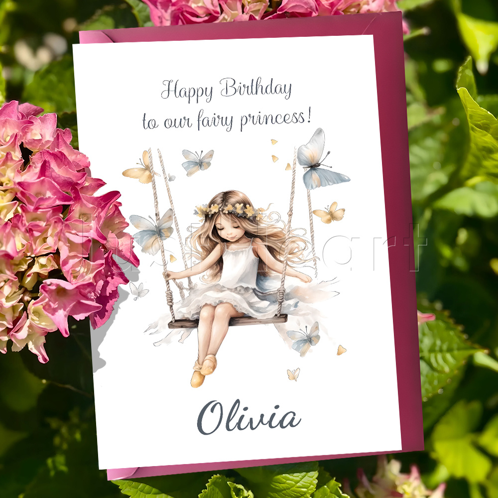 TEMU Personalize 1 To 10 Birthday Cards With Your Own Message. The Design Showcases A Fairy On A Swing Surrounded By Butterflies. Birthday Parties,