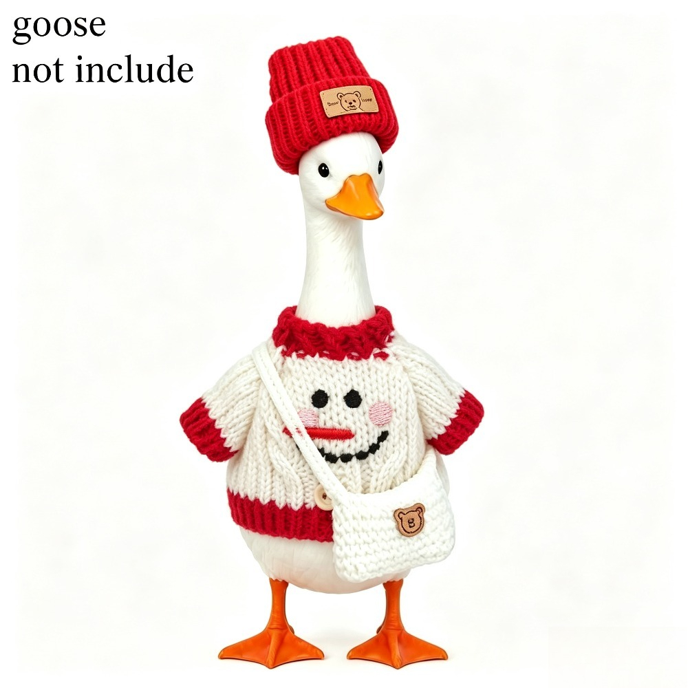 TEMU Desktop Goose Statue Dress Up Accessory, Collectible Figurines, 7 Inch Tabletop Goose Outfit Set, Knit Cardigan Sweater, Bear Label Beanie Hat &
