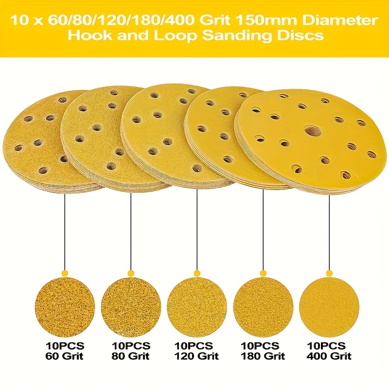 E-shop 150mm Schleifscheibe, Haken 60/80/120/180/400 Körnung 15 Loch 6 Zoll Runde Schleifscheiben Pad Geeignet für Exzenterschleifer Pads und alle