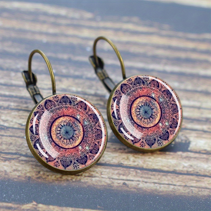 Vintage Ethnic Floral Print Circular Hanging Earrings Woman Jewelry Exquisite Mother's Day Gift