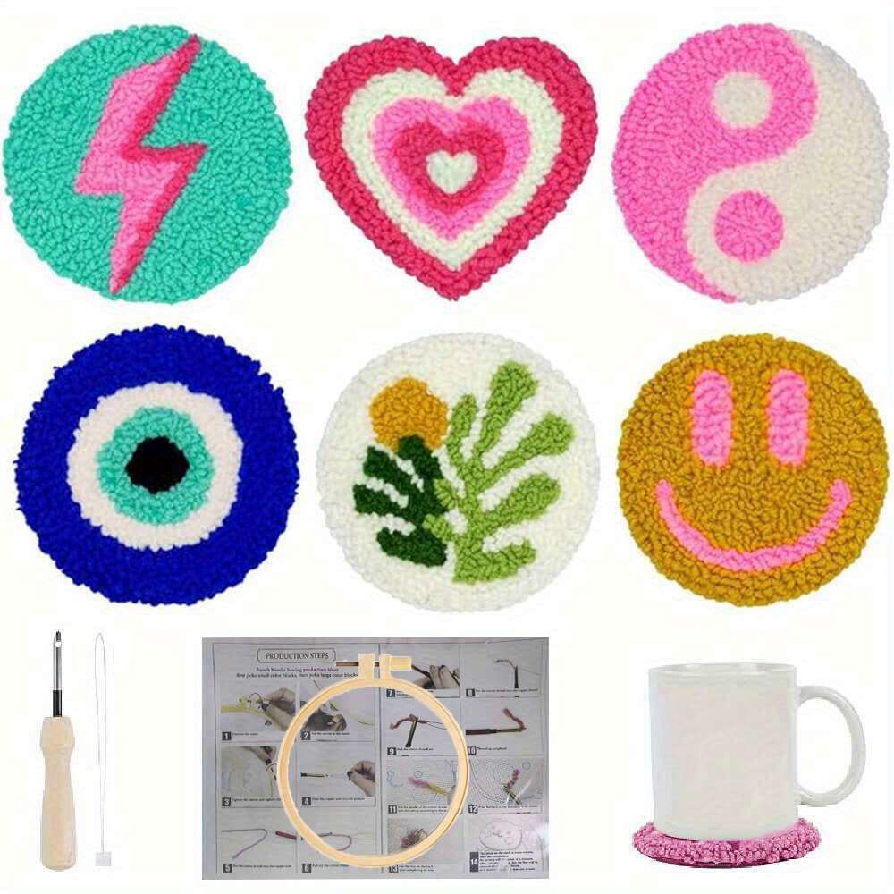 Image of 6pcs Diy Punch Needle Embroidery Tai Chi Love Heart Face Pattern Coaster Suitable For Beginners Handmade Embroidery Punch Needle Set Plant Lightning Valentine's Day Gift