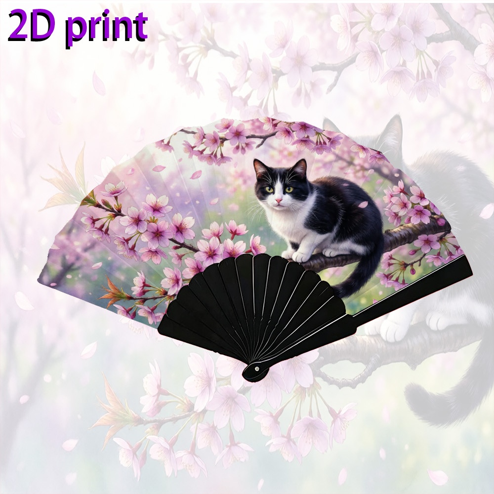 TEMU Éventail pliant à main pour femmes avec des chats noirs et sur une branche de cerisier, idéal pour , les , les fêtes et un , offrant un