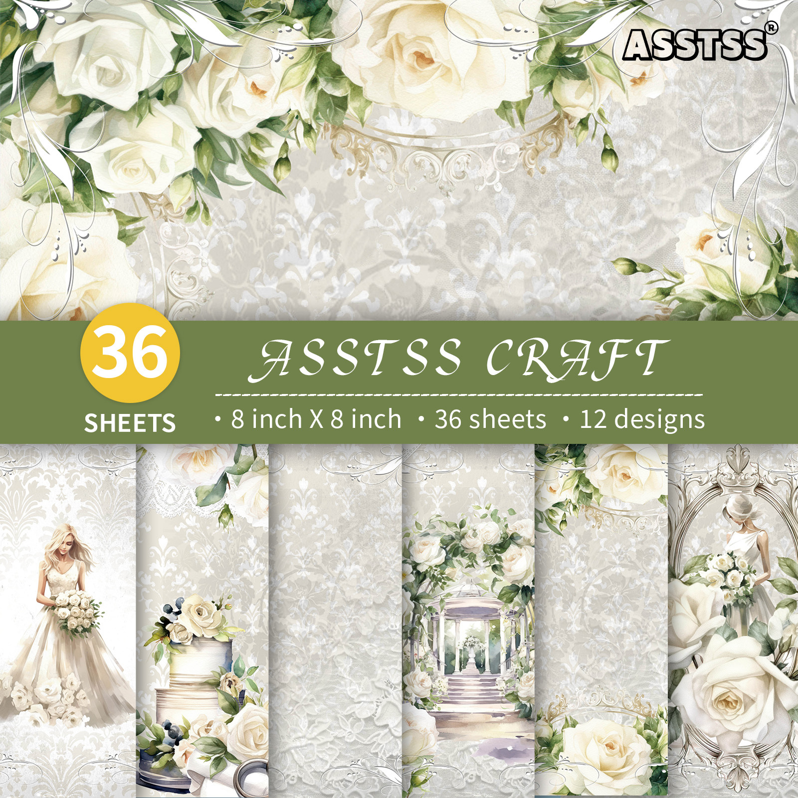 TEMU Bloc de papier scrapbooking ASSTSS de 36 feuilles 8*8 pouces | Papier de base de style luxueux et élégant à thème de mariage rétro, papier