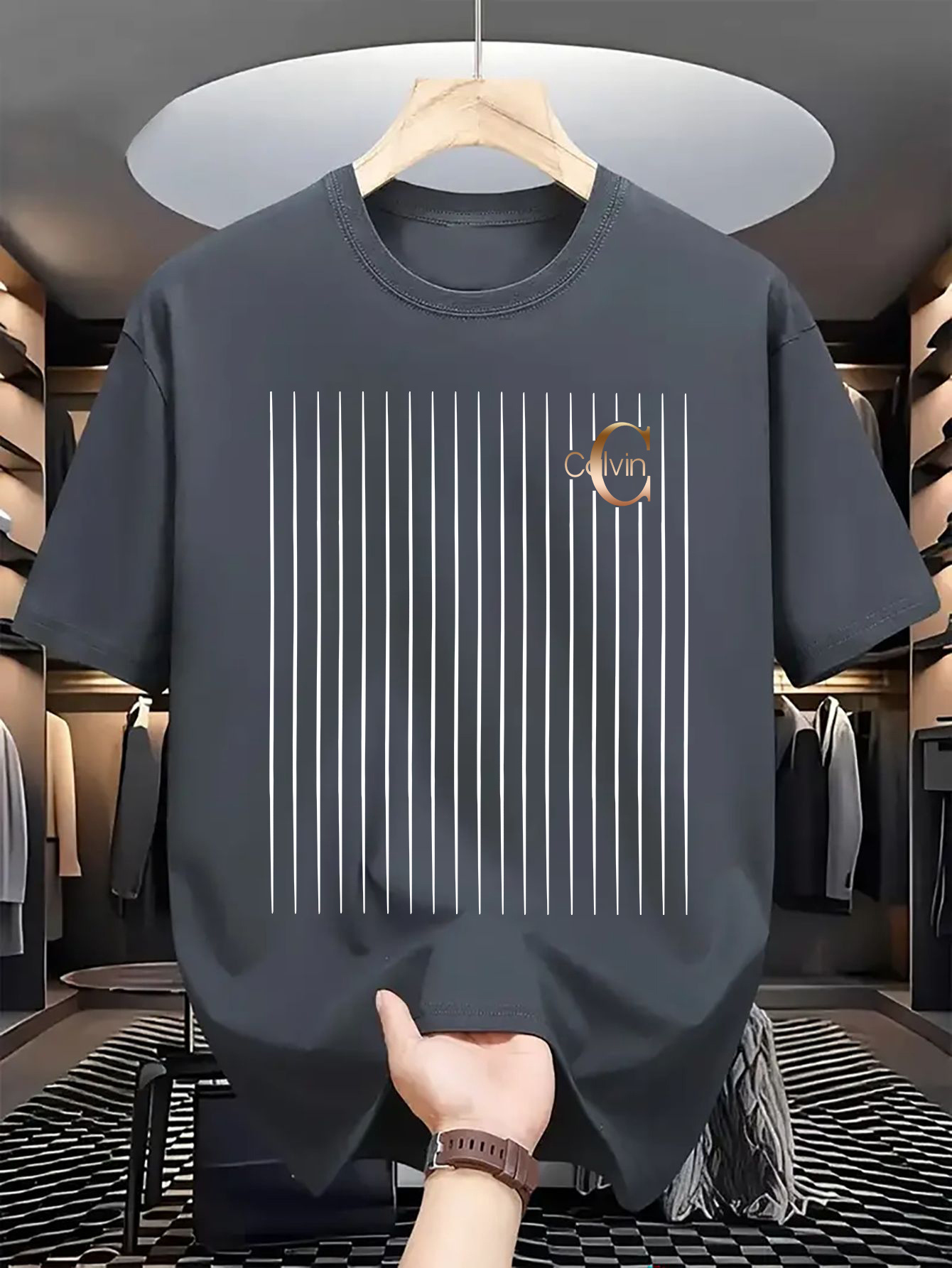 Men's casual and fashionable minimalist lines - C-Calvin printed T-shirt, round neck comfortable polyester fabric, suitable for daily wear as fashionable streetwear, Men's clothing