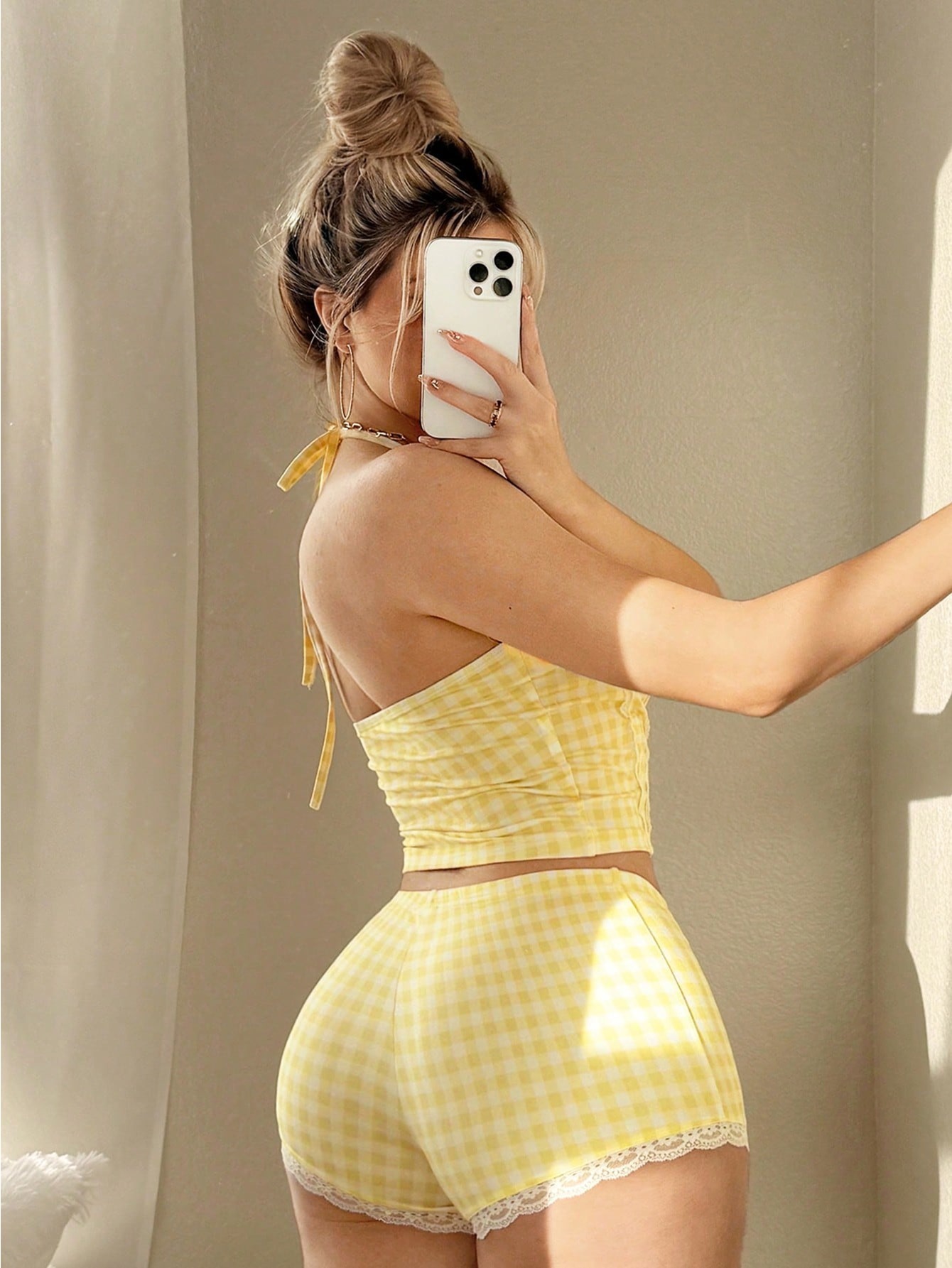 the 2025 new yellow   halter top and lace shorts two piece set is an     for a sweet and spicy   the halter top     details 2