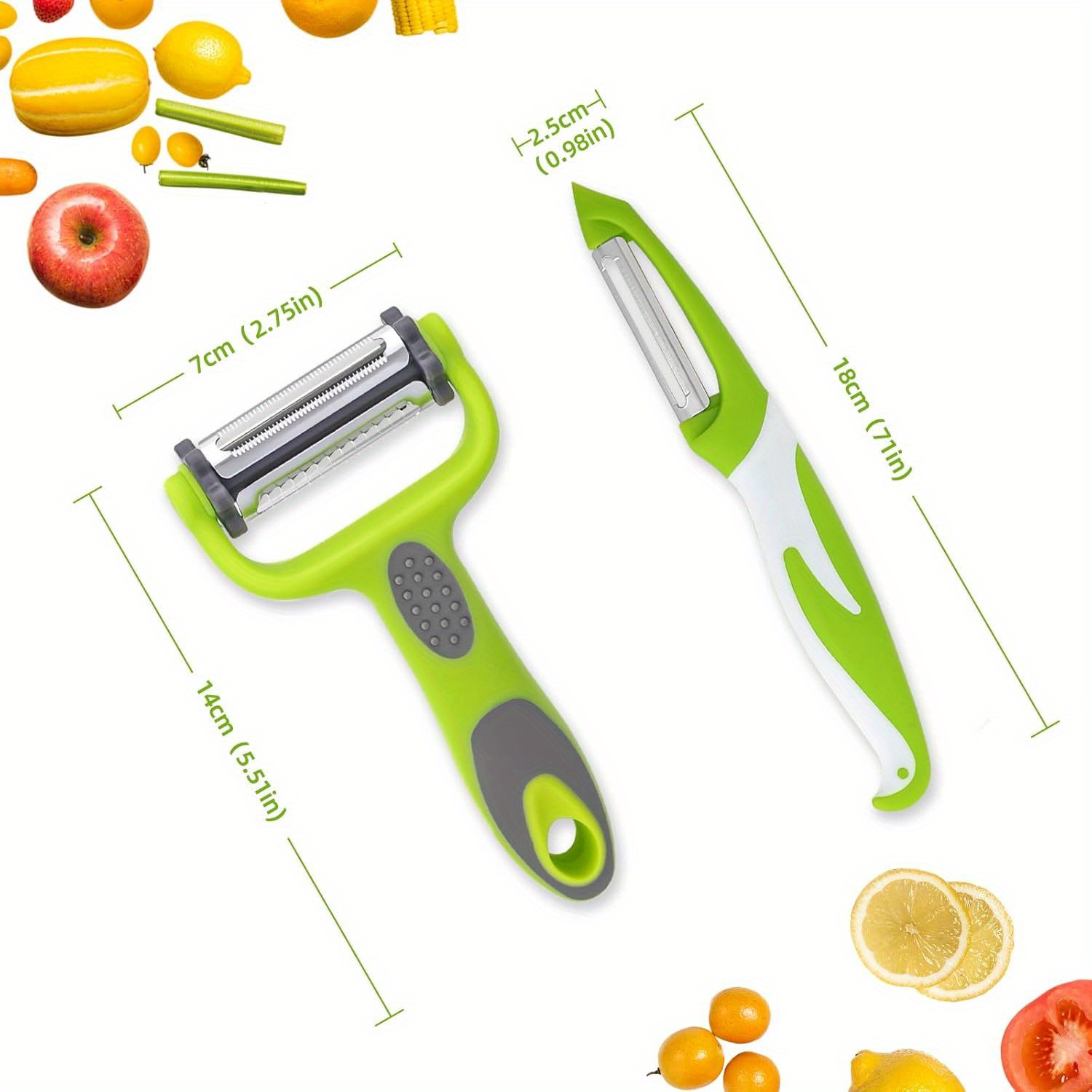 E-shop 2 Stück Multifunktionaler 3-in-1 Zerkleinerer und Schneidemaschine - Obst-Gemüse--Schäler mit ergonomischem Gummigriff, Edelstahlklinge,