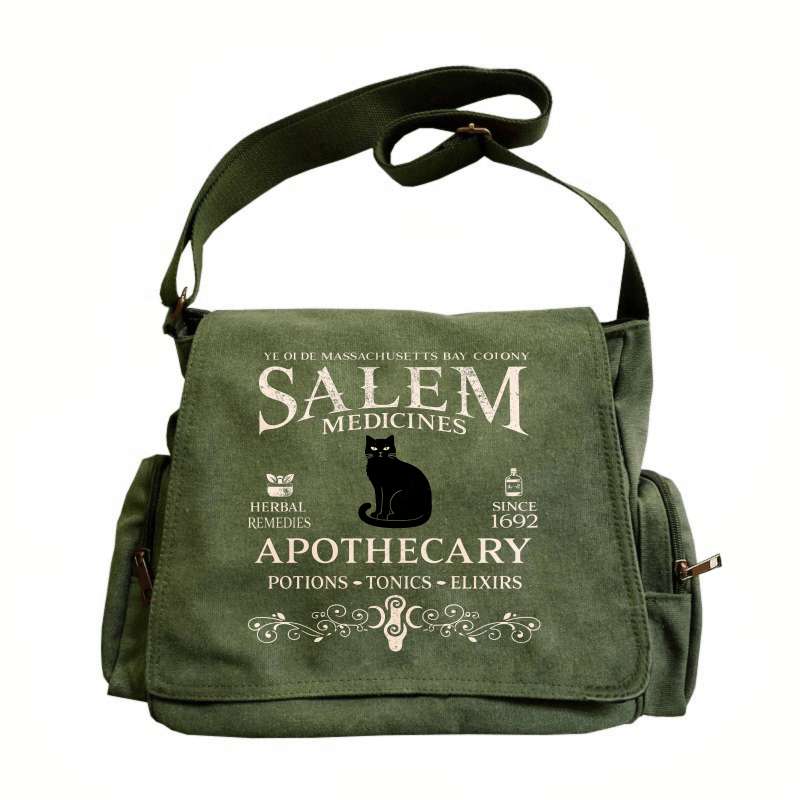 TEMU Women's Large-capacity Shoulder Bag, Retro Tote Messenger Bag, Two-color Optional, Printed Pattern For Salem Pharmacist Logo Black Cat And Text,