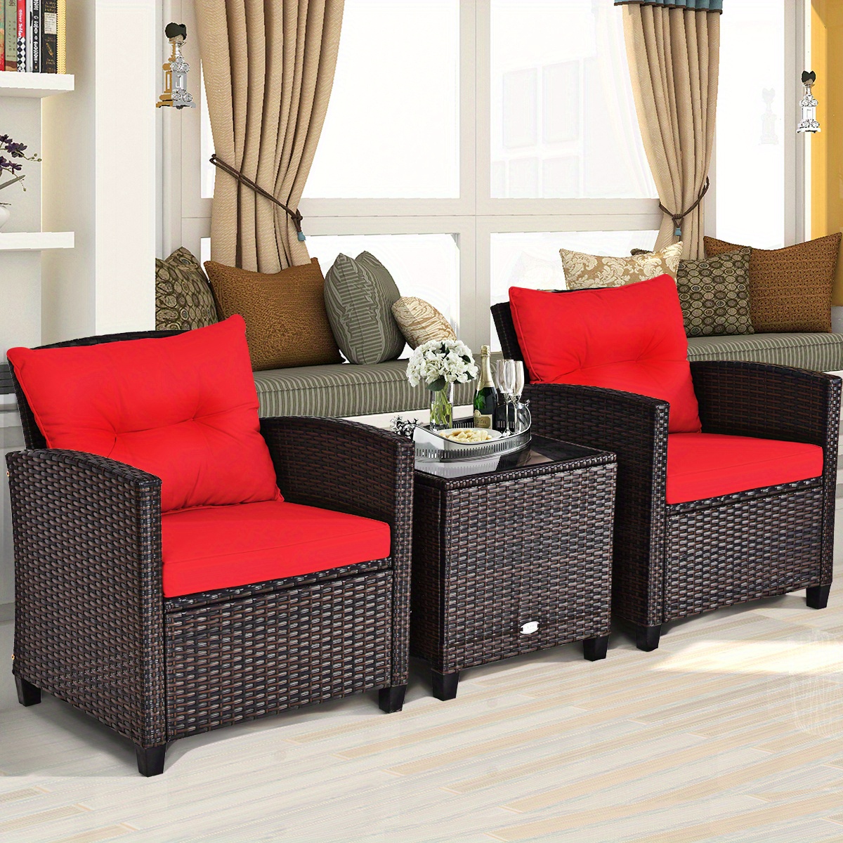   3pcs patio furniture set outdoor all weather rattan sofa chair set wicker bistro conversation set w 2 armchairs 1 coffee table with tempered glass top 4 removable cushions for porch balcony garden yard poolside