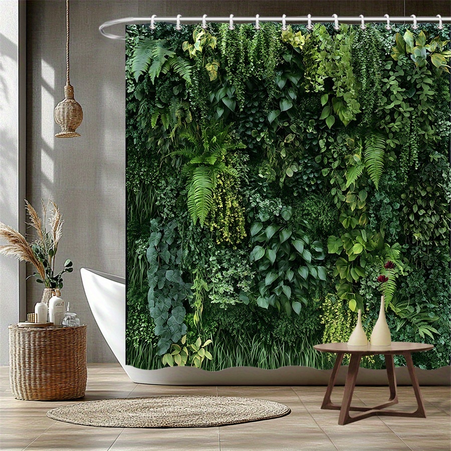 TEMU 1pc Vertical Garden Shower Curtain With Dense Ferns, Ivy & Plants - Greenery Bathroom Decor, 70.86x70.86 Inch, 12 Hooks Included, Machine