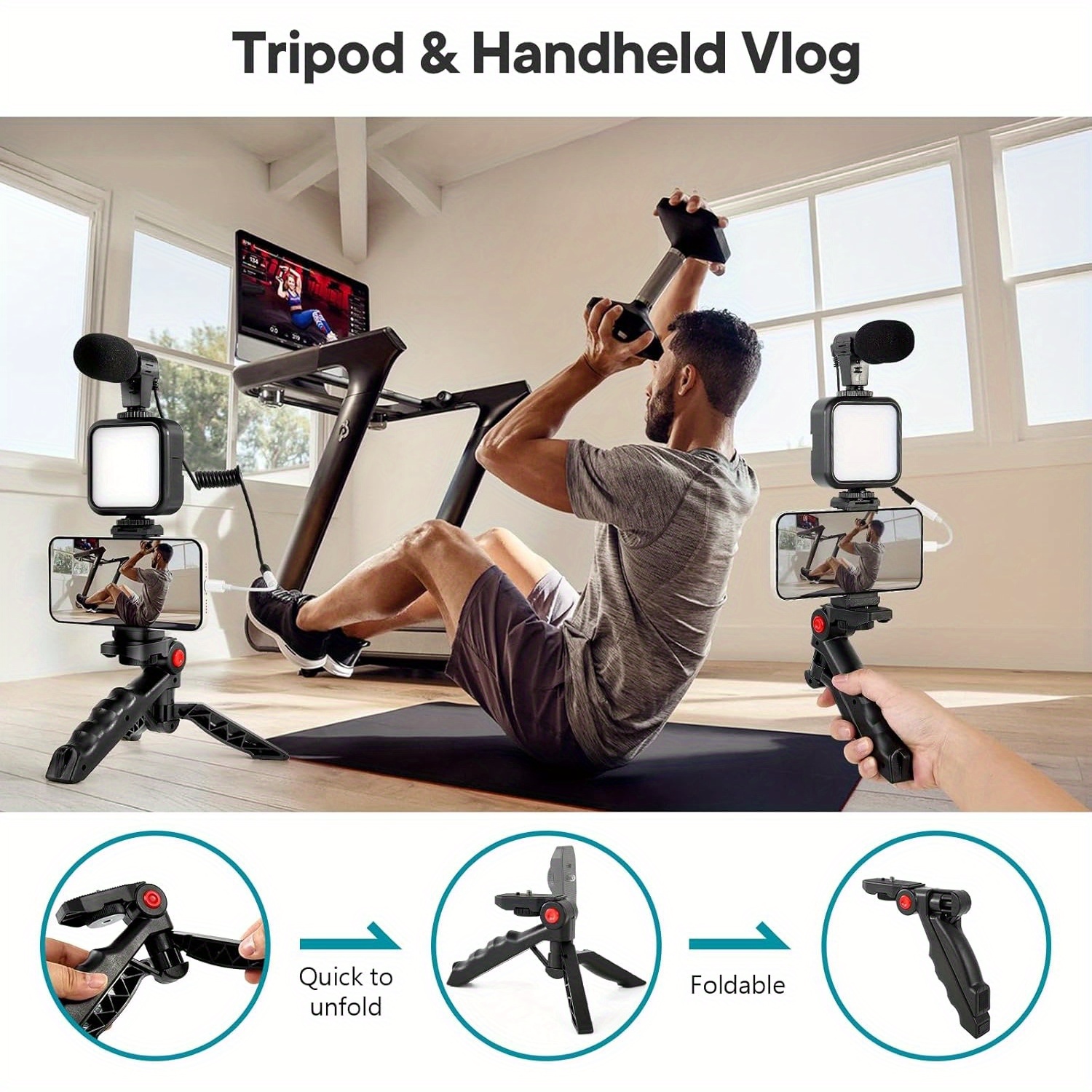 Vlogging Kit for Phone with Mini LED Light, Cardioid Microphone, Phone Clip, and Tripod for Streaming and Content Creation