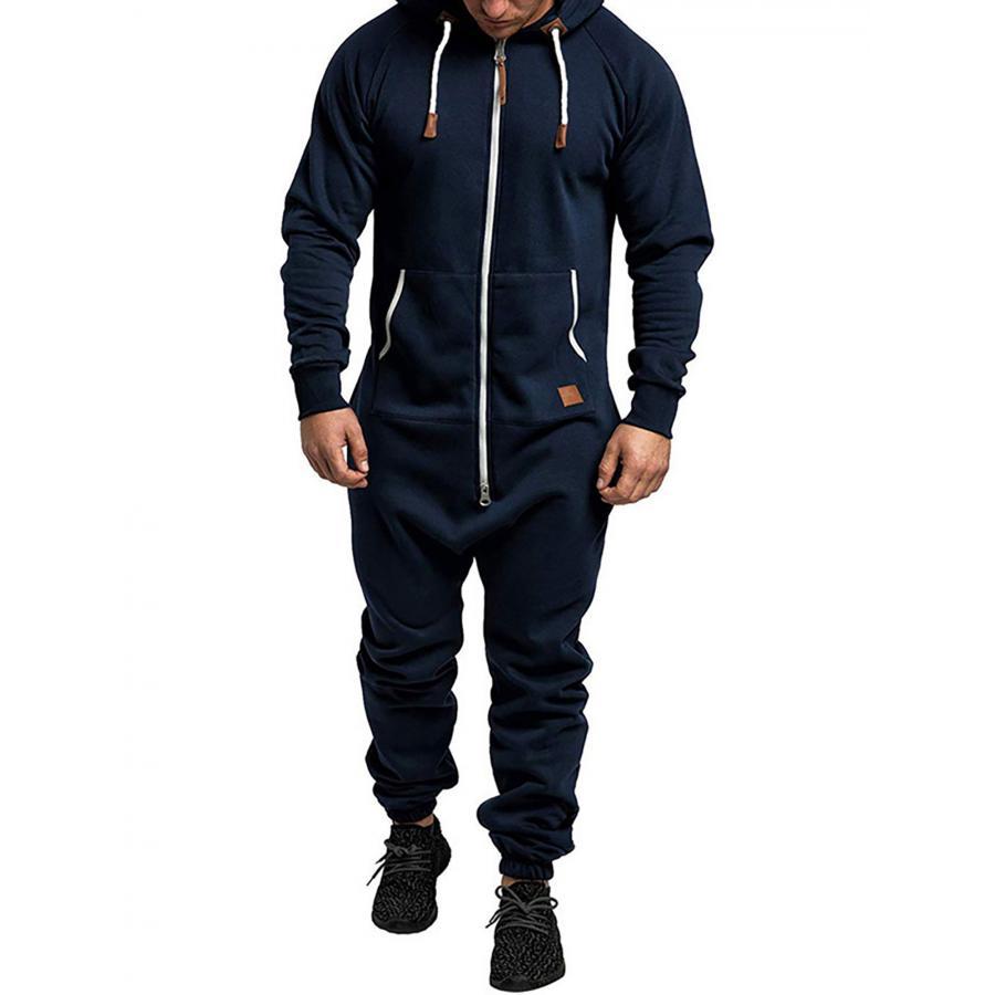 

Men's Hooded Fleece Lining Jumpsuit, Long Sleeve Full Zipper Overalls With Kangaroo Pockets