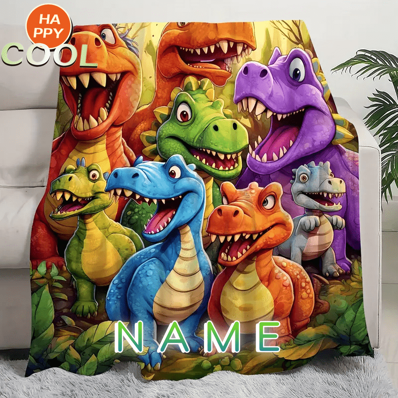 

1pc Cute Smiling Dinosaur Custom Name Printed Flannel Blanket, Themed All Season Comfortable Knitted Thermostat Cover, 100% Polyester Lightweight Fabric, Napping.