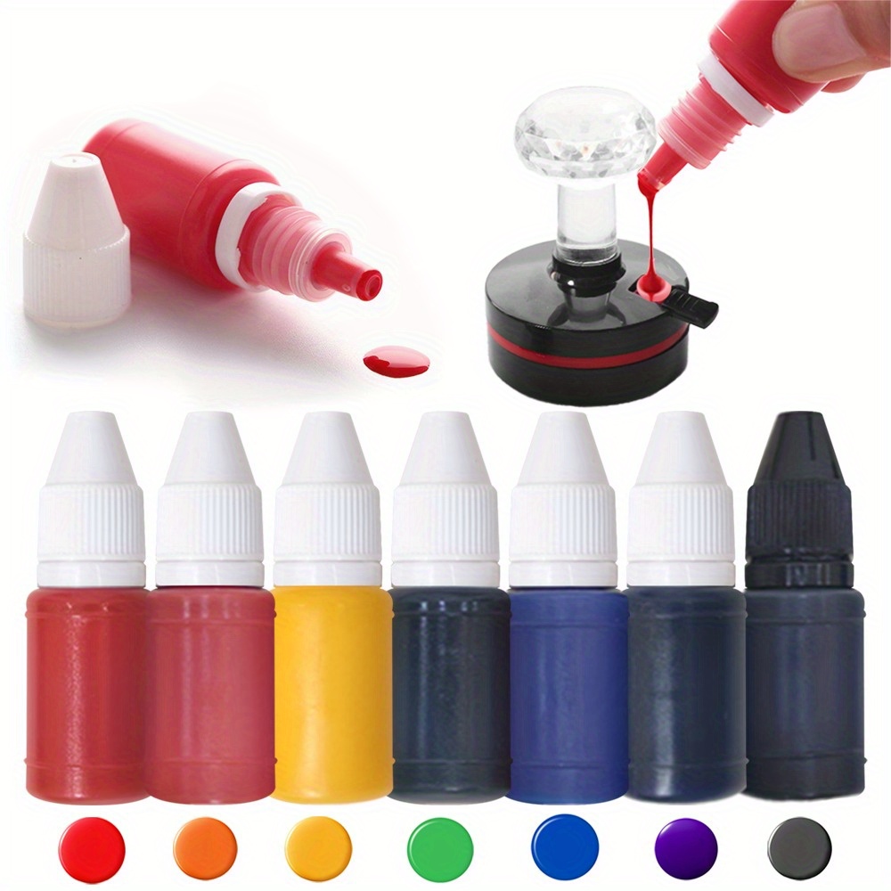 7pcs 7-color Photosensitive Stamp Oil Refills (10ml Each, Red/Orange/Yellow/Green/Blue/Purple/Black). Fits Stamp Machines, Quick-Drying & Clear. Works on Various Materials for Office/Crafts, Portable