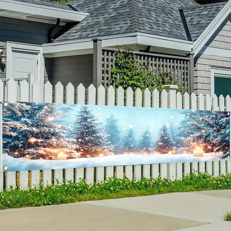 TEMU 1pc, A Merry Christmas Filled With Christmas Trees And Snowflakes - Decorative Fence Banner Made Of Patterned Polyester, Suitable For Outdoor