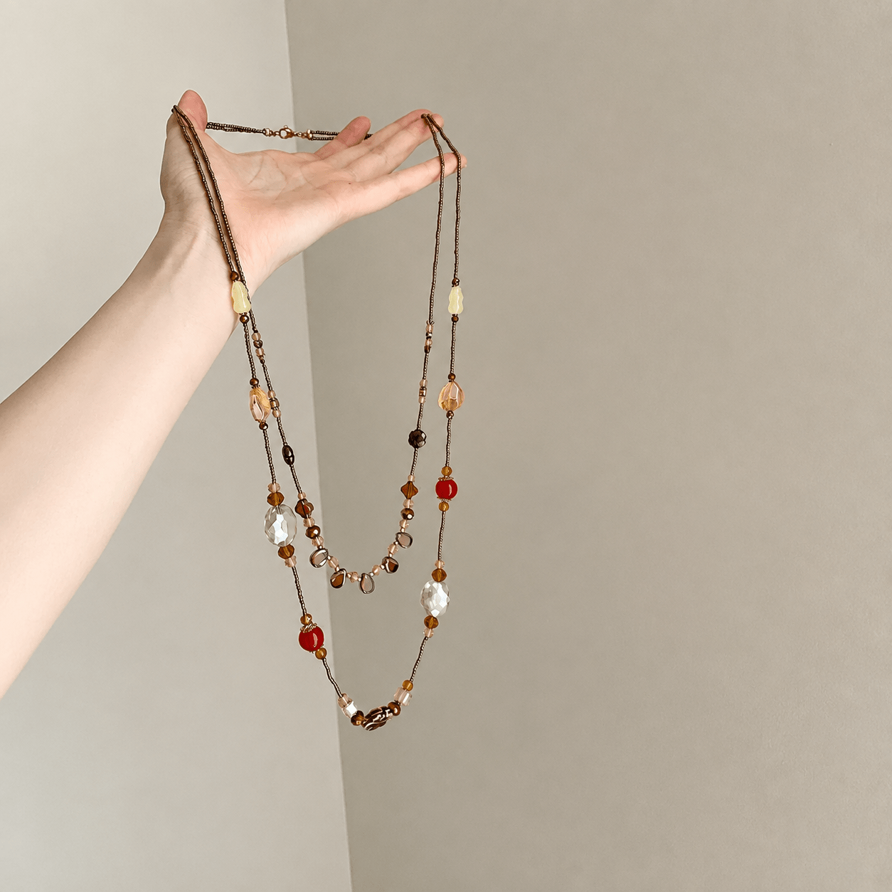 TEMU 1pc Vintage Crystal Beaded Long Necklace For Women, Gold-tone Chain With Crystal Bead Design, Multi-element Neck Jewelry, Accessory Gift