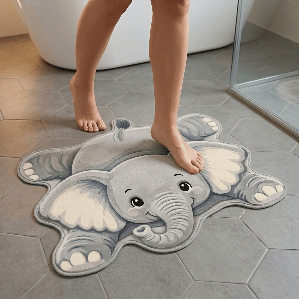 TEMU 2d Flat, 1pc Velvet 850g/ã¡ 9mm Bathroom Non-slip Mat, Thin Plush 2d Printed Non-pile Gray Elephant Shaped Rug, Suitable For Bedroom, Living Roo