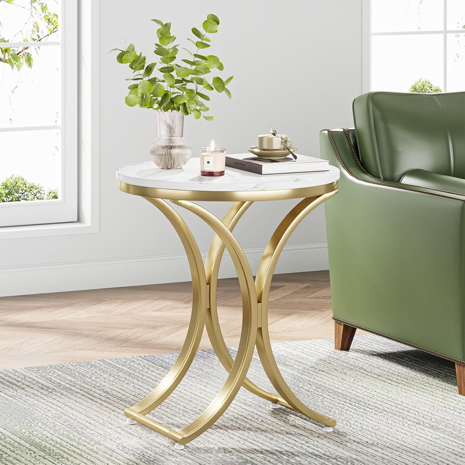 TEMU Contemporary Circular Side Table Featuring A Marble Surface And A Metal Structure, Ideal As A Compact Coffee Table For The Living Area, A Round