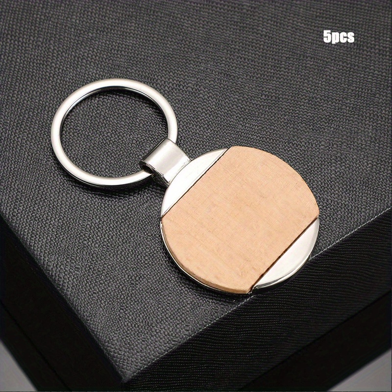 [5pcs Wooden Keychains] 5pcs Blank Wooden Label Metal Keychain, Logo Wooden Keychain Laser Engraved Wooden Keychain