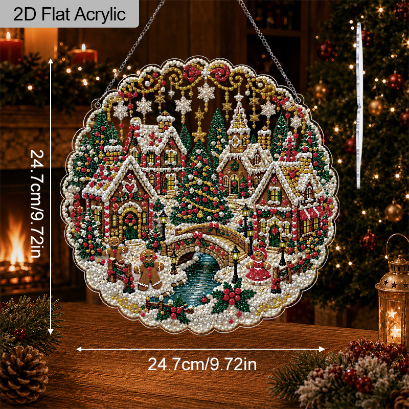 TEMU 2D Platte 20/25Cm Acryl Kerst Diamant Schilderen Zonneschijf, Hangend Ornament, Sneeuwige Winter Dorp Kerk Peperkoek Man Ronde Muur Raam Hanger,