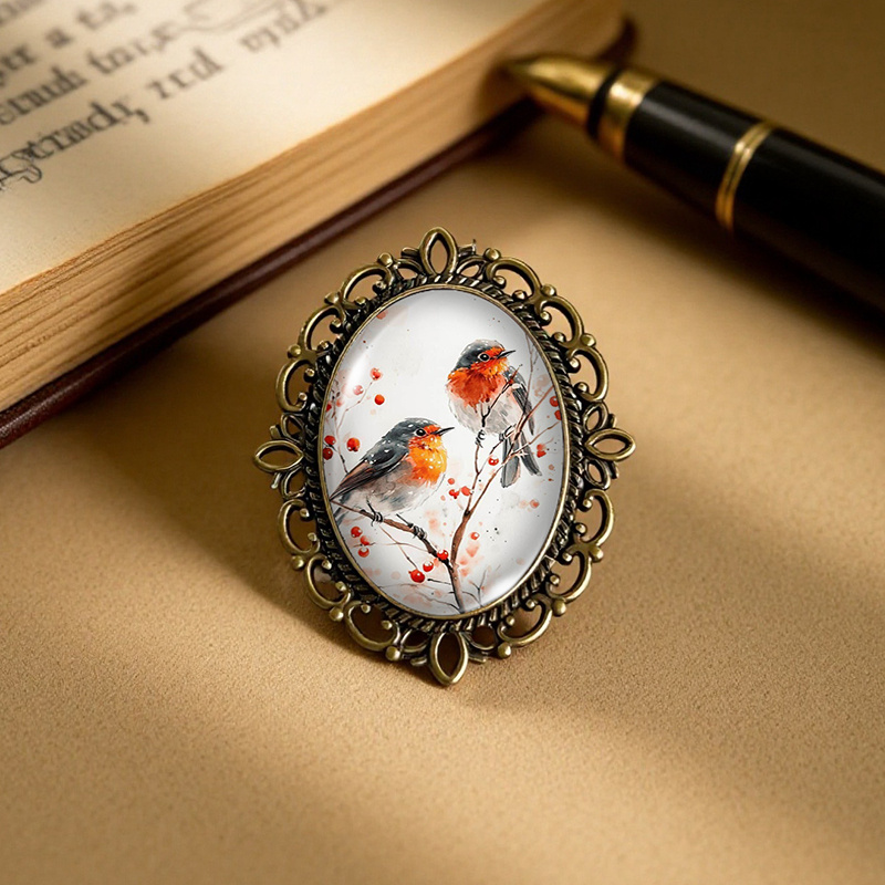 TEMU 1pc Robins On Branches Brooch Oval Lace- Glass Brooch Clothing Backpack Accessory Men And Women's Gift