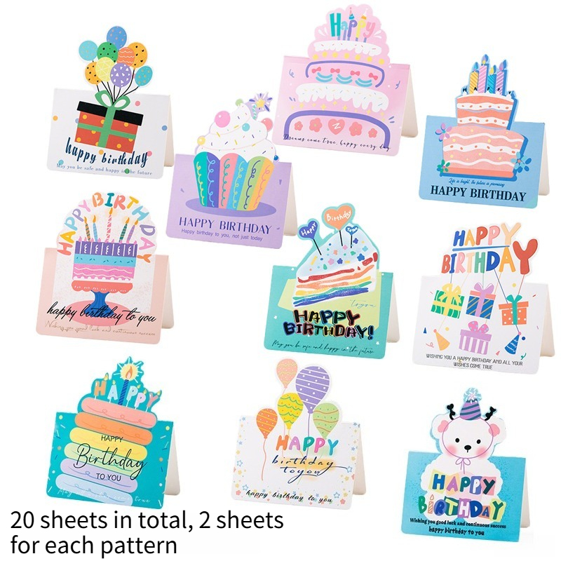 TEMU 20pcs (20 Sheets) Happy Birthday Cards Suitable For Party Decorations & Invitations - Colorful Cartoon Cake Pattern With English Wishes,
