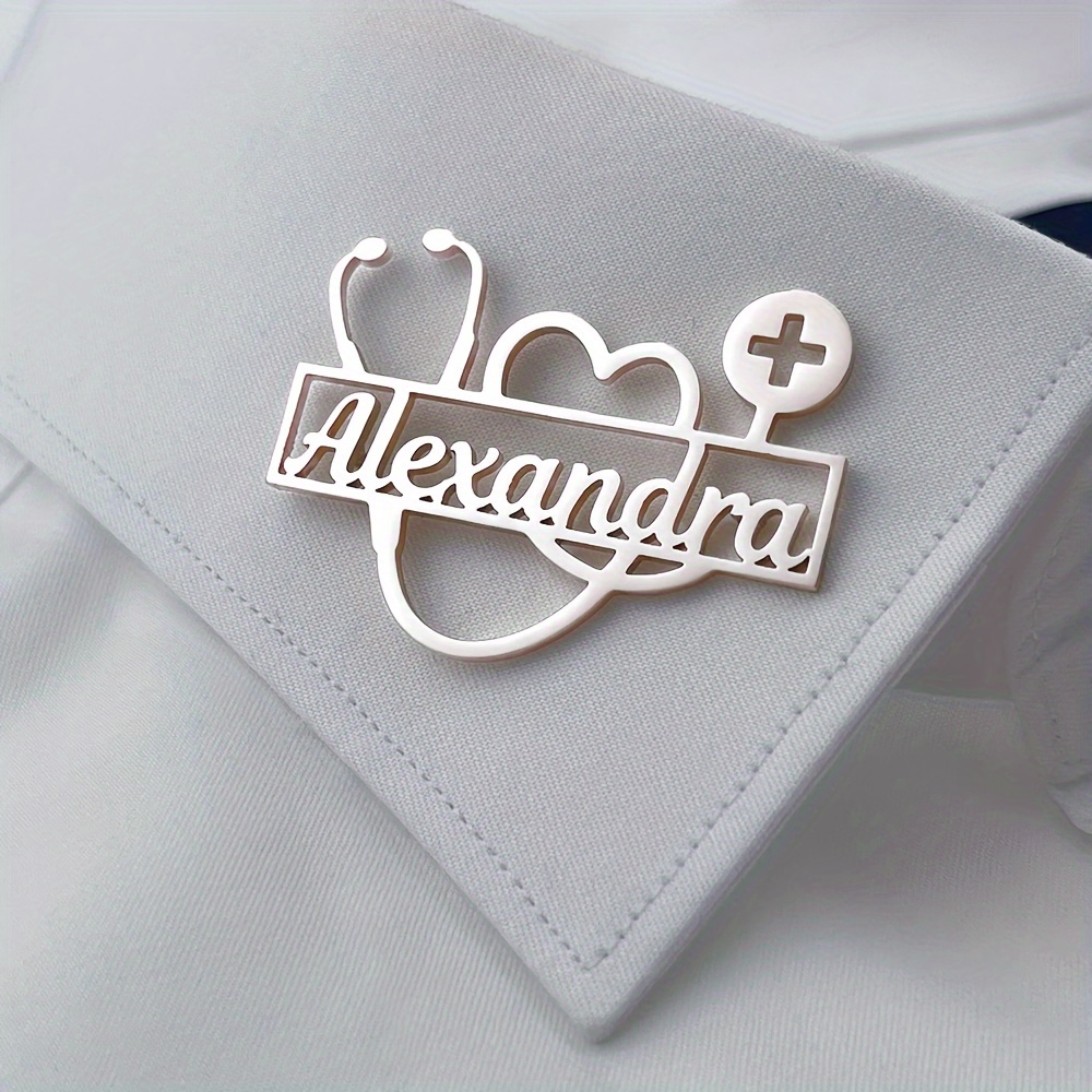 TEMU Custom Stethoscope Name Brooch Personalized Stethoscope Doctor Nurse Brooch Stainless Steel Name Tag Brooch Daily Versatile Accessory Women's