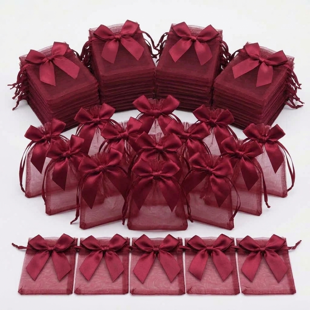 TEMU 37pcs Pack Sheer Organza Gift Bags With Satin Ribbon Bow & Drawstring Closure - Translucent Mesh Suitable For Wedding Favors, Baby Showers,