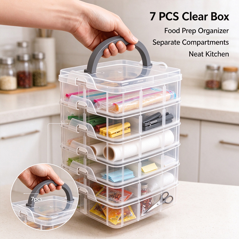 TEMU 7pcs Clear Storage Box Set With Lid And Handle Snap Closure Home Kitchen Storage Hardware Tool Organizer Box Local Warehouse