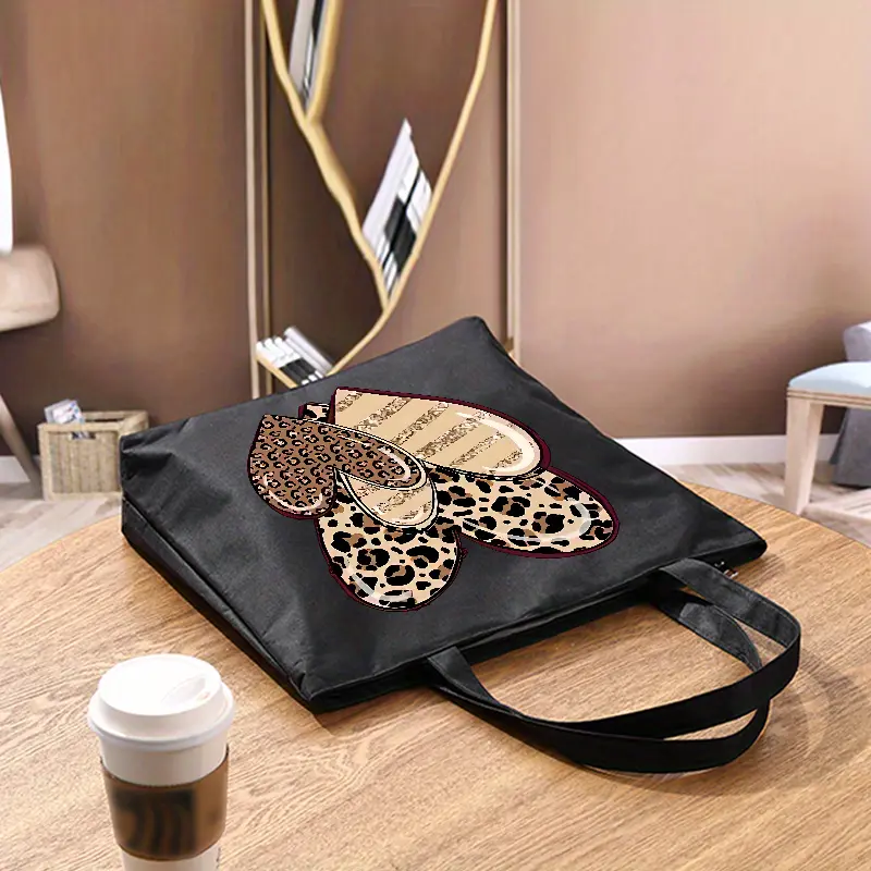 womens large capacity oxford tote bag retro artwork with golden glitter accents durable oxford fabric zipper closure fixed shoulder straps machine washable black commuter bag for work travel travel shoulder bag heart pattern tote durable construction details 5