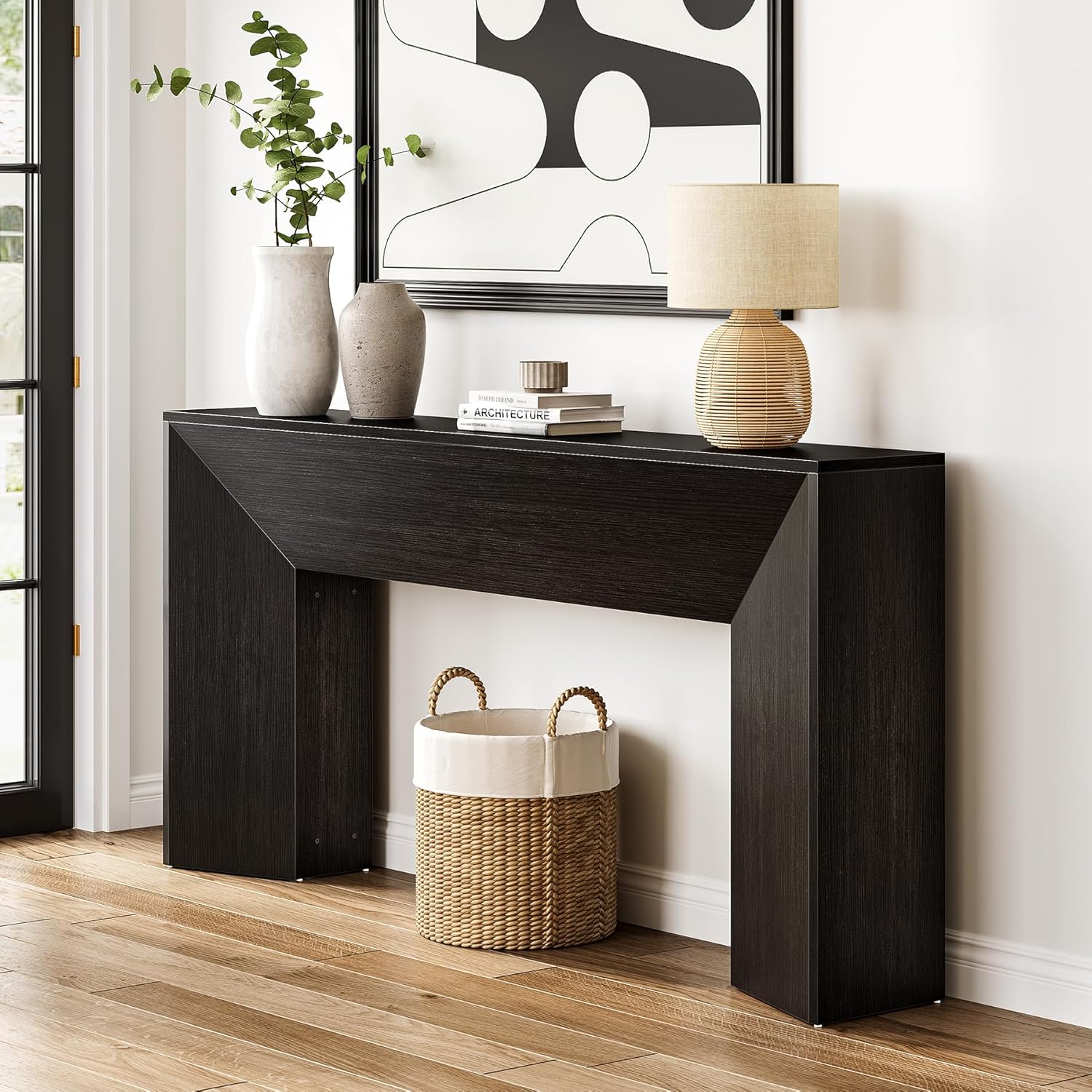 63 Inches Extra Long Black Wooden Console Table | Modern Hallway Foyer Table For Entrance, Easy Assembly, Hardwood Construction, Weather Resistant, Wood Top And Frame, Brand: Fnova