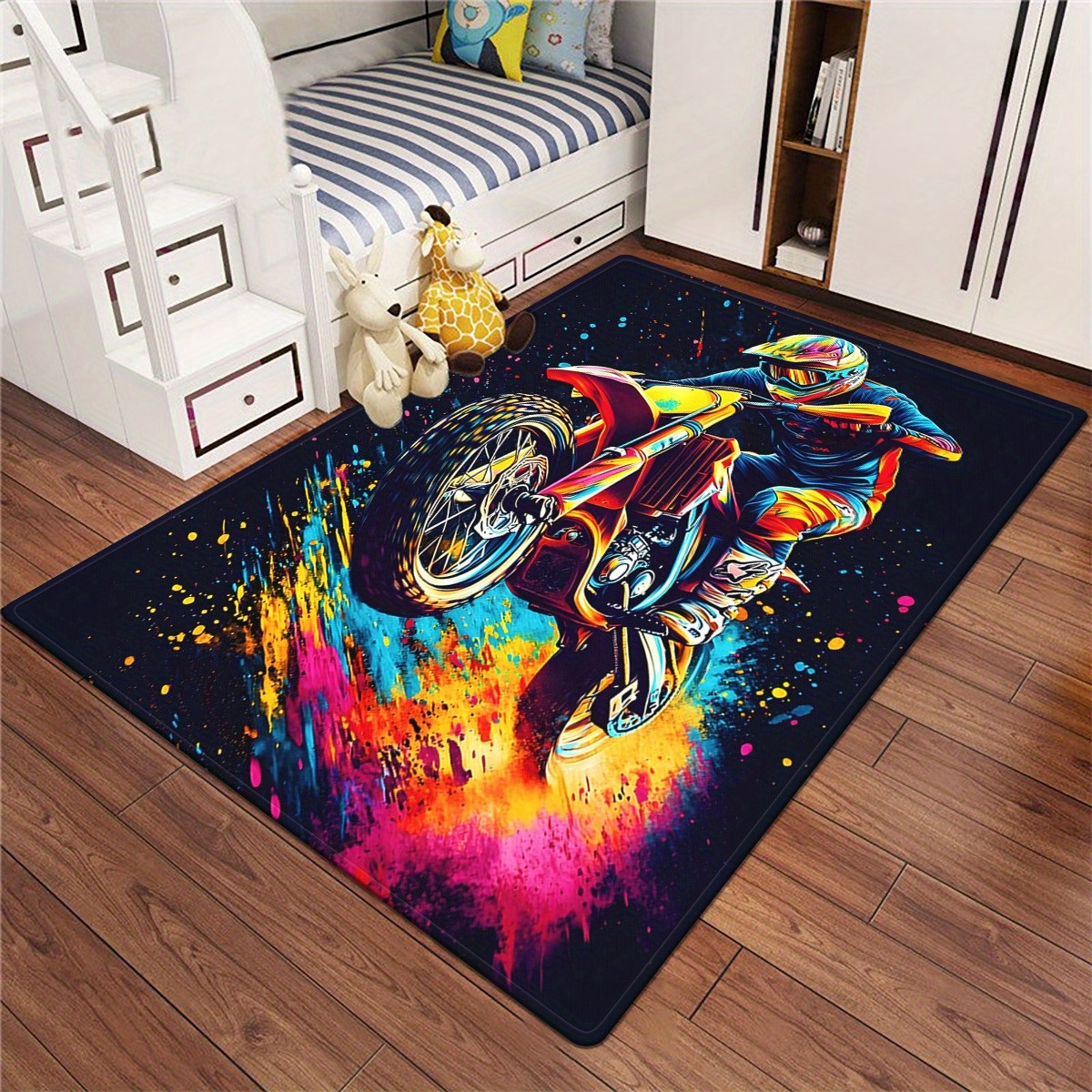TEMU Tapis 800g/m² avec Scène de Motocross Imprimée en HD, Tapis de Cuisine, Tapis de Yoga, Tapis de Salle de Bain Antidérapants, Tapis Absorbant et