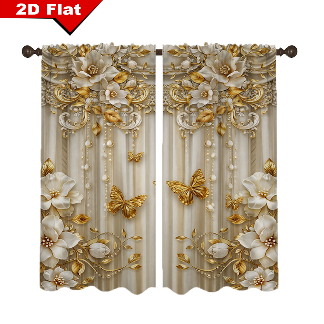 TEMU 2d Flat - 2d Flat - [2d Flat] Curtain Fabric 2pcs Pearl Kitchen Curtains Golden European Lace Jasmine Flower Leaves Modern Art, Bedroom Living