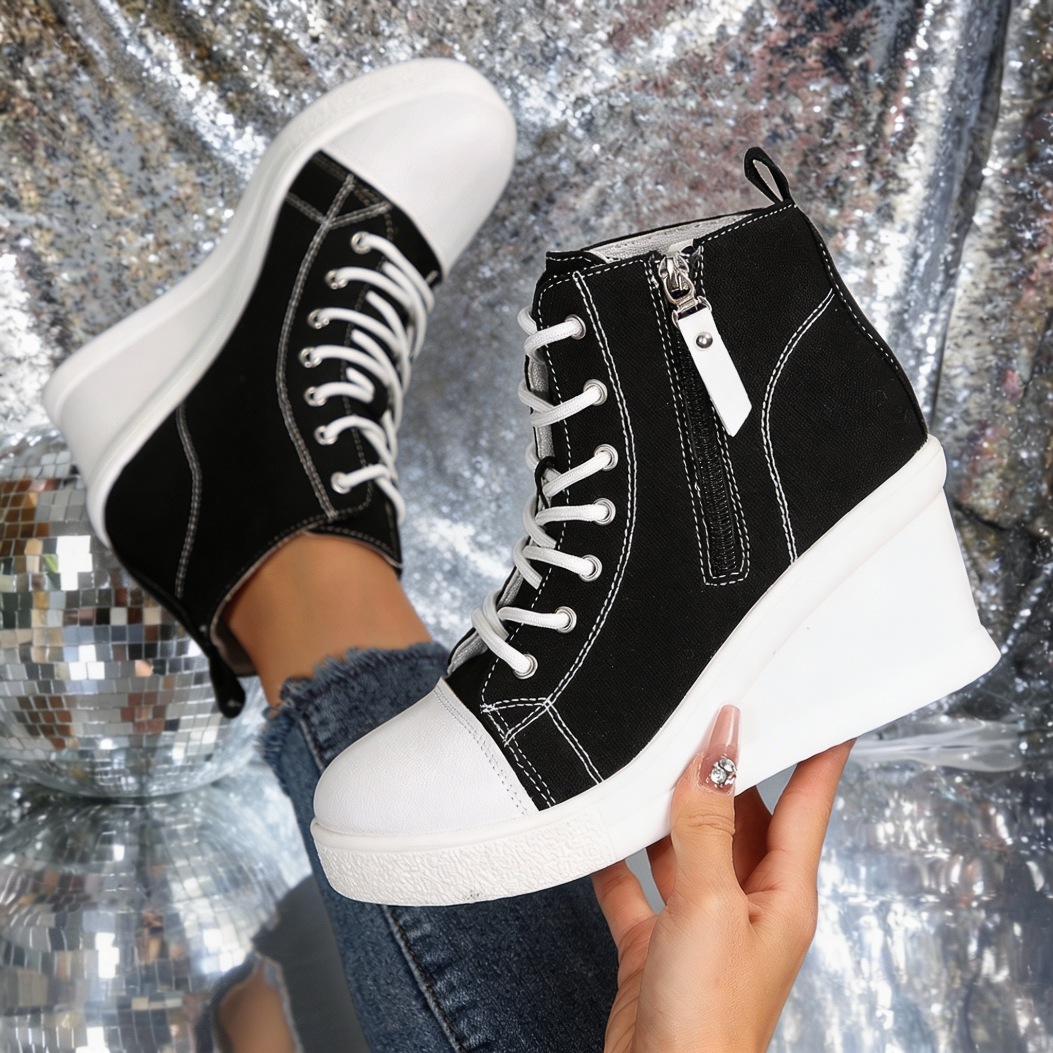 TEMU Women's Thick Platform High-top Boots With Wedge Heel & Height Increase - Sole Round Toe Ankle Boots Suitable For, Casual Attire, Casual Outfits