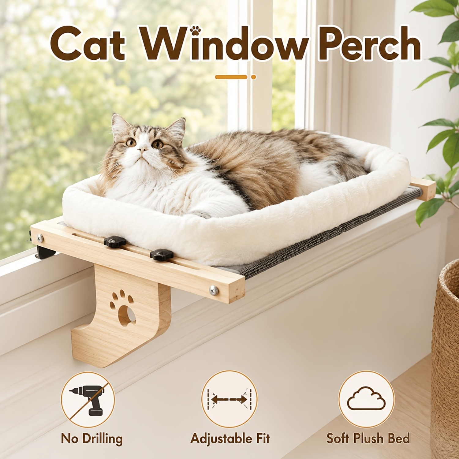 TEMU Adjustable Indoor Cat Balcony Hammock With Wood Frame - Large Hanging Suitable For Window Sill, Balcony & Patio - Sturdy Paw-print, Cat Bed For