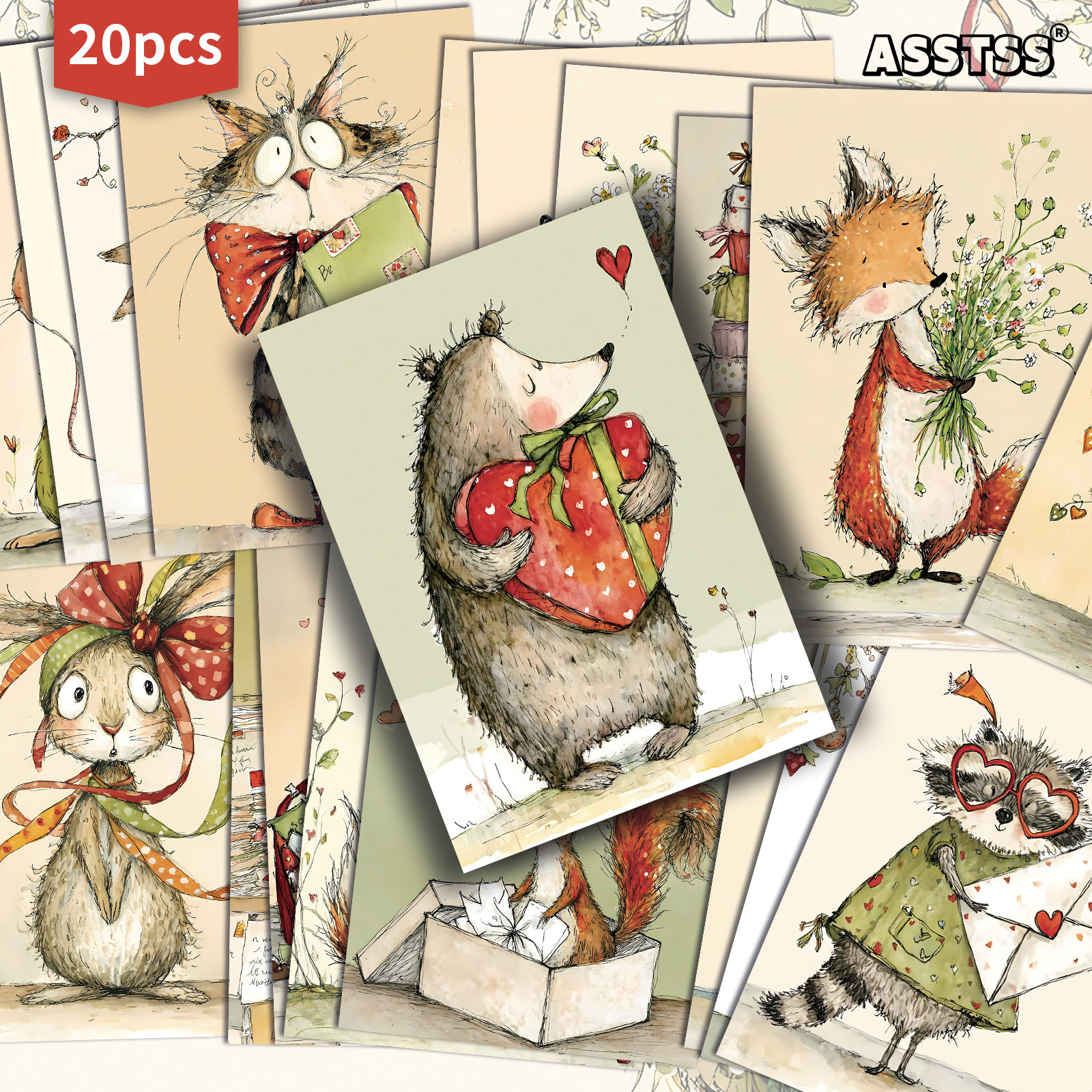 E-shop 20 Stück ASSTSS Retro Pinup Tierherz Geschenkkarten & Junk Journal Seiten - Vintage-Stil Sammelkarten geeignet für Scrapbooking, Basteln,