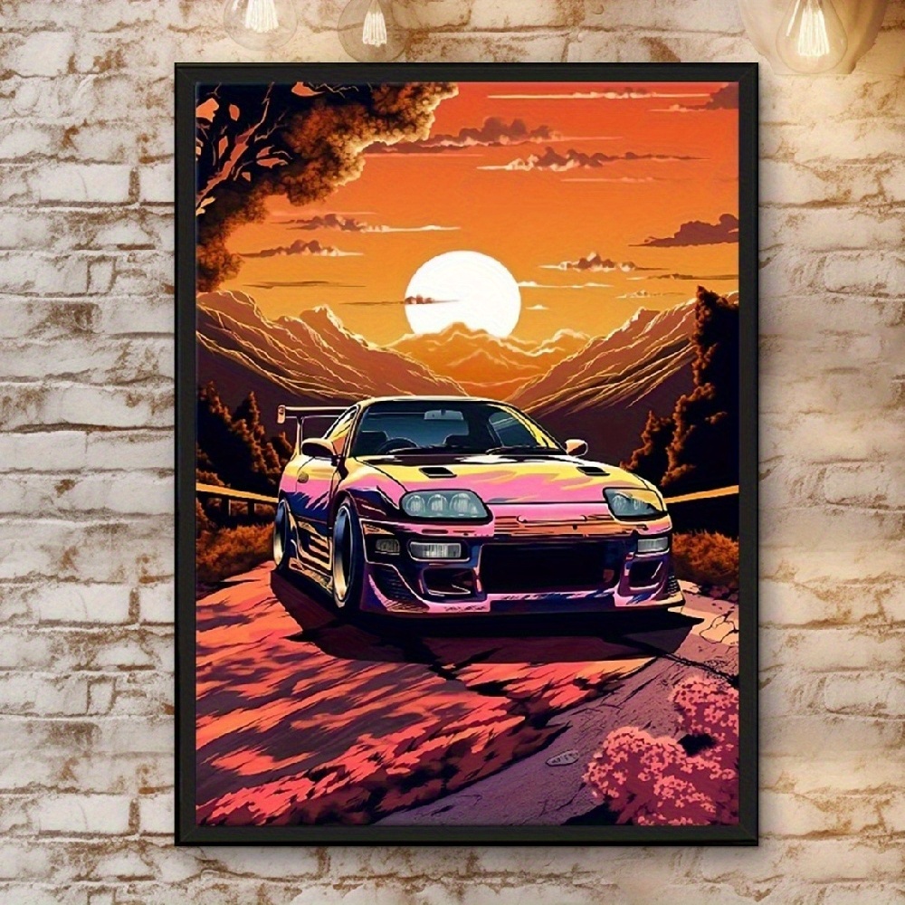 E-shop 2D Flach, 2D Flach, Ein lebendiges, rahmenloses Wandbild-Poster mit einem Sportwagen bei Sonnenuntergang, geeignet zur Dekoration von Wohnungen,