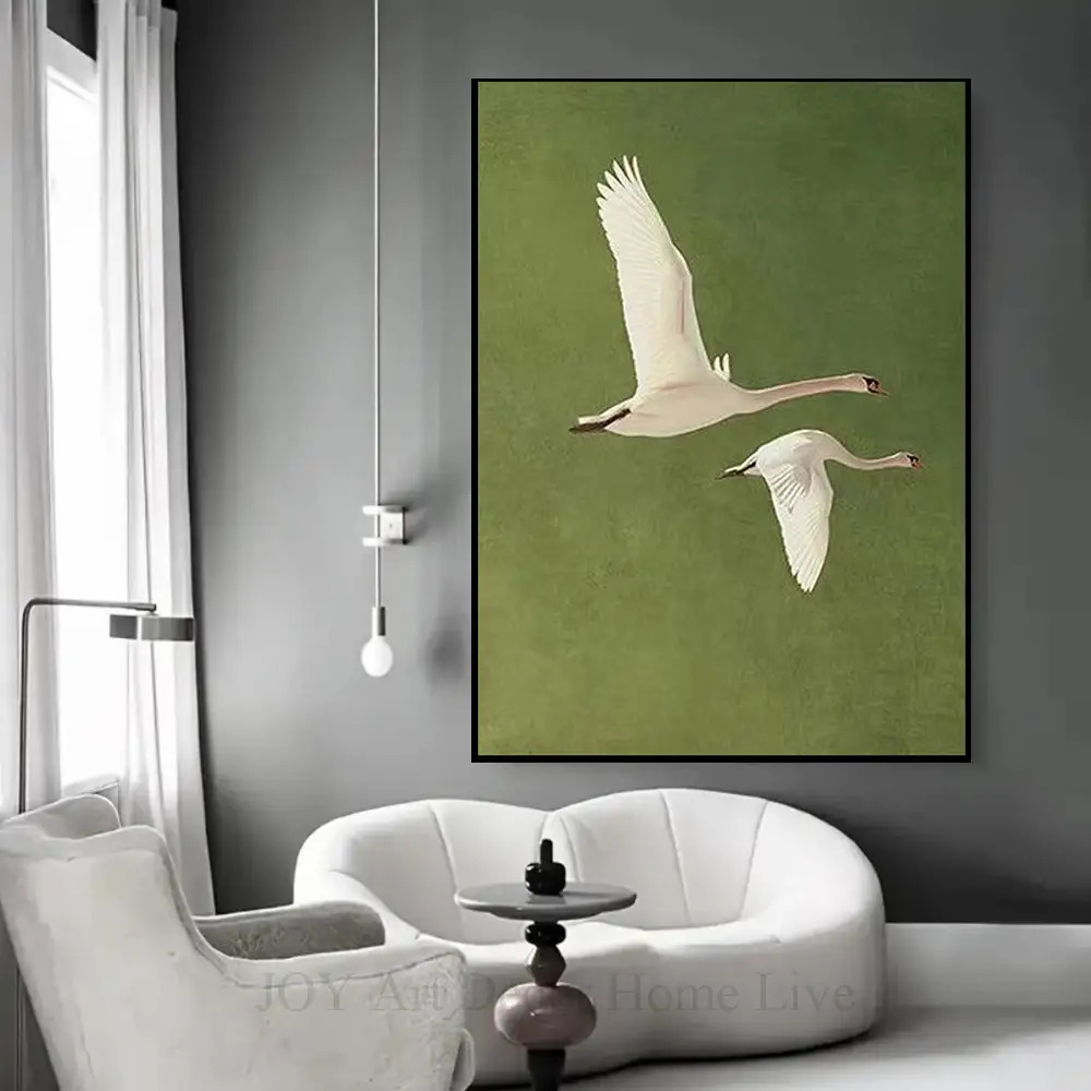 TEMU Hand-painted Oil On Canvas: 2 Flying - Realistic Feather Texture, Dynamic Flight Motion, Olive-green Muted Tones - Frameless Modern Wall Art For