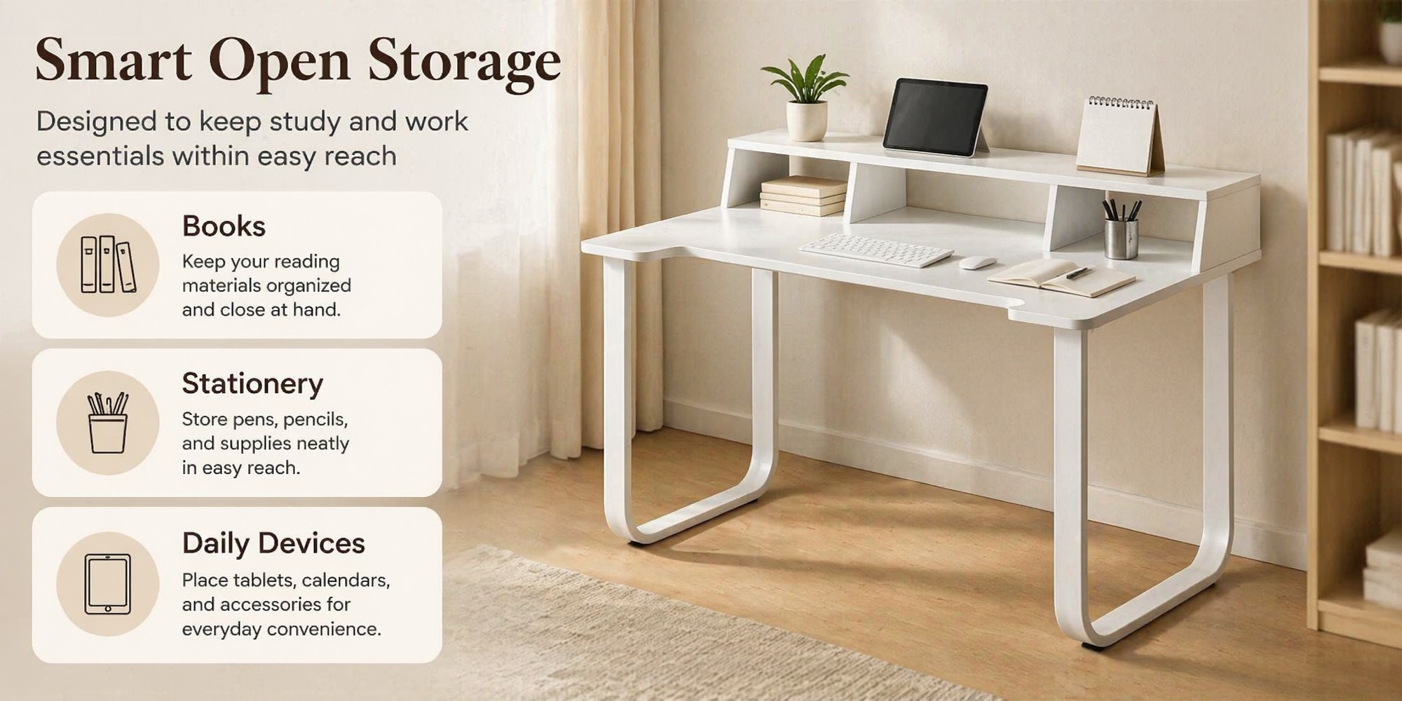 43' Computer Desk with Storage Shelf, Modern Writing Desk with Ergonomic Notch, Stable Steel Frame Workstation for Home Office, Study, Gaming, Quick Assembly, Supports 165 LBS