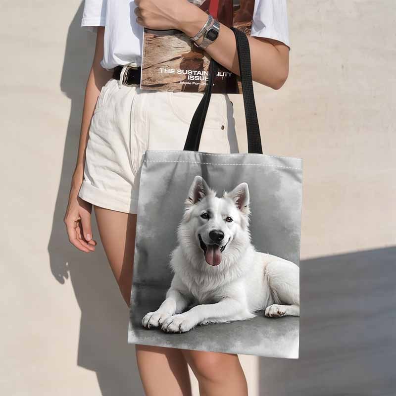 TEMU 1pc Double-sided Printing White Shepherd Shopping Bag, Stylish And Practical , Spacious And Durable Shopping Bag, Stylish Women's Bag, Fixed