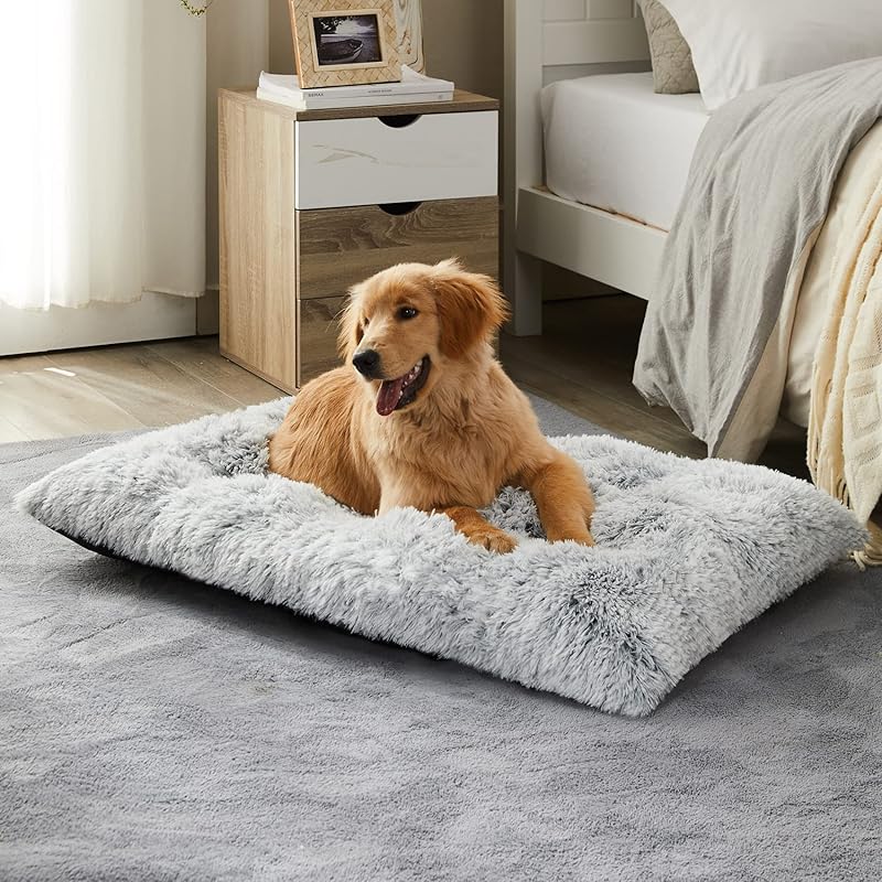 Image of Dog Beds For Large Dogs, Plush Dog Crate Bed Fluffy Cozy Kennel Pad For Sleeping And Ease Anxiety, Washable Pet Mats With Anti-slip Bottom For Large Dogs