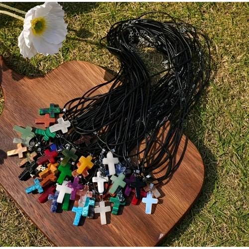 20pcs natural stone cross pendant necklace set chakra gemstone quartz cross necklace decoration with black leather cord jewelry making suitable for necklace jewelry making