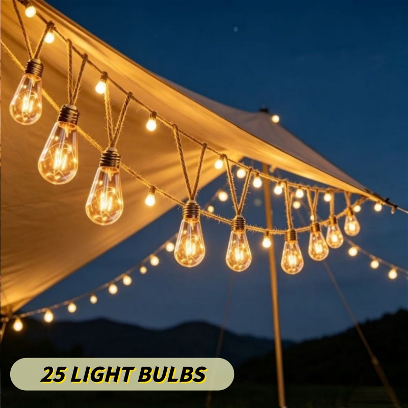 TEMU Guirnalda de luces de bombillas transparentes con cuerda de cáñamo vintage, como 1 juego, disponible en 10/25 bombillas solares para patio;