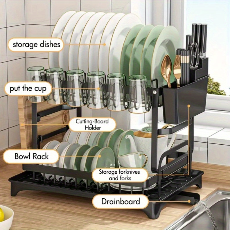 space saving foldable dish drying rack adjustable 2 tier kitchen organizer with hooks cup holder drain tray compact countertop or cabinet storage heavy duty   construction dishwasher safe black white options duallayer organizer sleek kitchenware durable metal frame small kitchens details 4