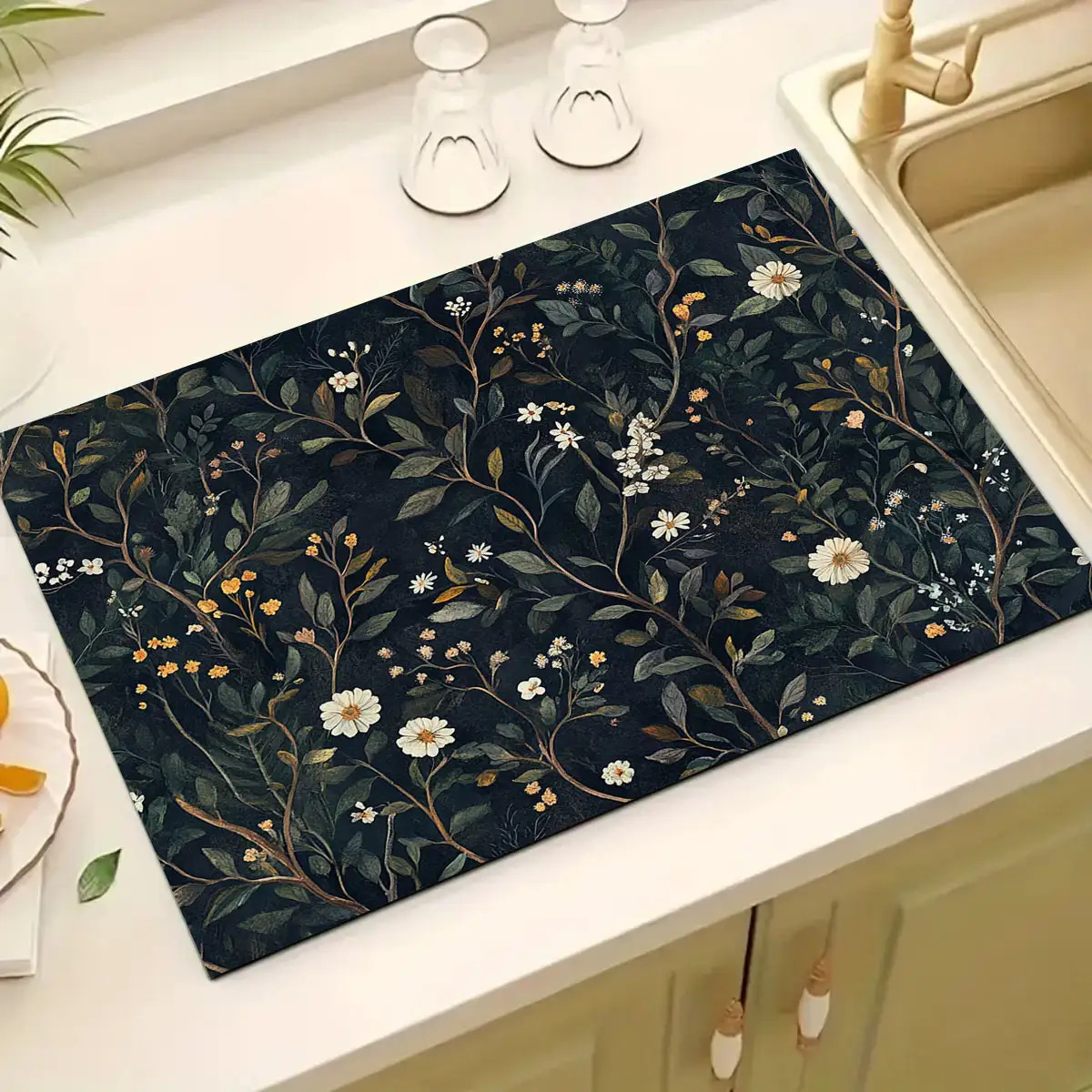 TEMU 1pc, Floral Print Absorbent Placemat, Base With Dark Green Vines And Leaves, Brown Branches, Non-slip Rubber Bottom, Suitable For Coffee Bar,