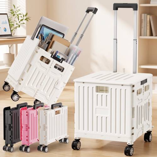 folding utility cart portable rolling crate handcart with lid collapsible tool box rotating wheels grocery trolley for shopping teachers and camping