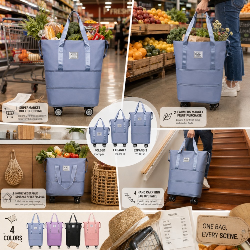 3 expandable wheeled luggage tote bag wear resistant portable handheld rolling bag reusable supermarket shopping cart bag multi purpose travel carry on bag Product details 8