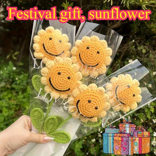 Hand-Woven Artificial Sunflower Bouquet - Realistic Knitted-like Texture with & Stem, Durable Arrangement in Clear Plastic Wrapper - Handmade-Style Home Decor, Day, Mother s Day, Valentine s Day, Christmas, Thanksgiving, Graduation Gift - Yellow Sunflowers for Tabletop Decoration (No Maintenance Required), Decoration Flowers, Flower Bunches Decorations, Artificial Flower Wall, Flower Centerpiece