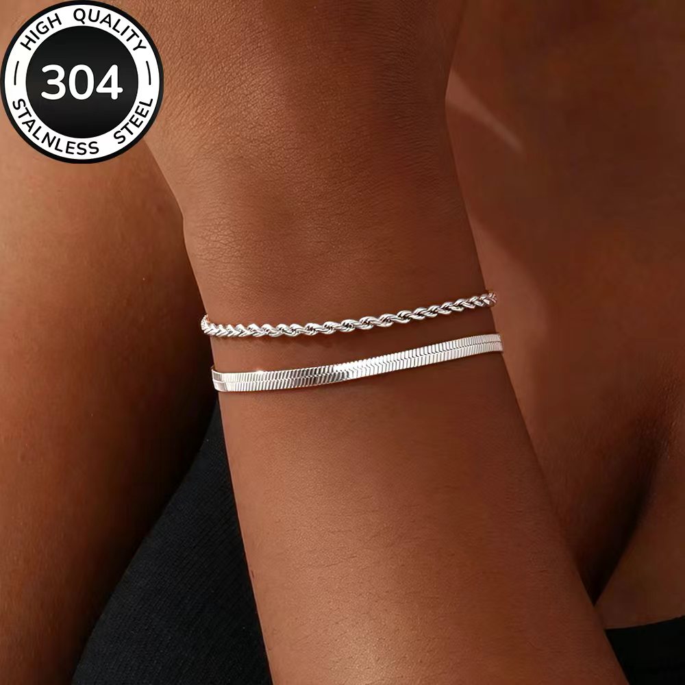 TEMU 2pcs Bracelet Set: High-quality Stainless Steel Golden Bracelets, Tarnish-resistant, Simple And Elegant. Perfect For Daily Wear Or Parties,