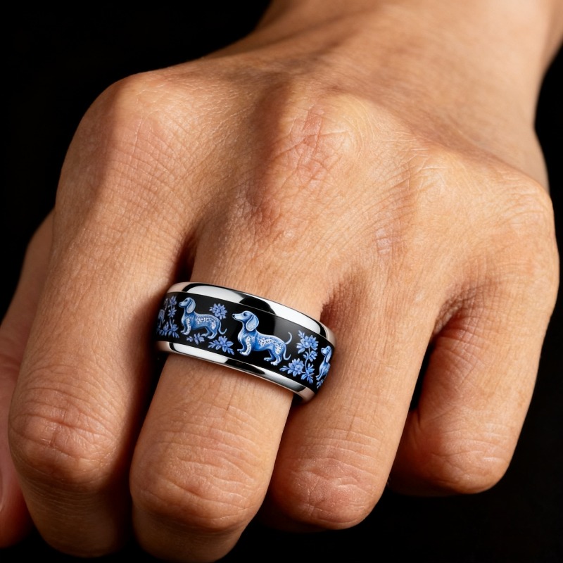 Blue Porcelain Dachshund Pattern Stainless Steel Ring, Floral Design